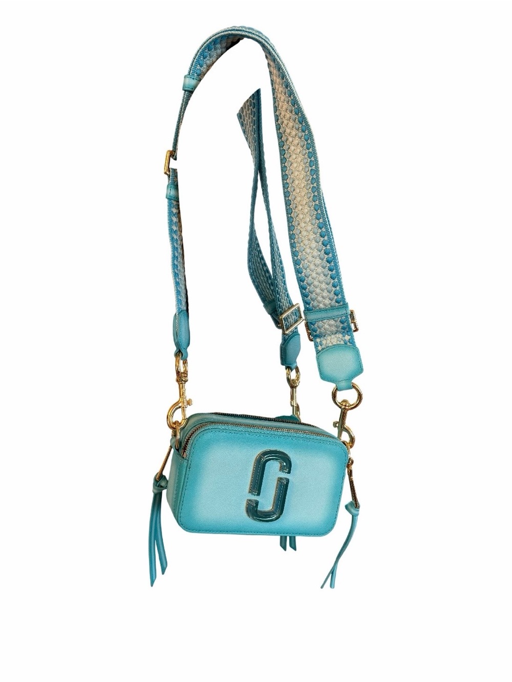 Marc Jacobs Snapshot Bag Turquoise Leather Camera Crossbody with Patterned Strap